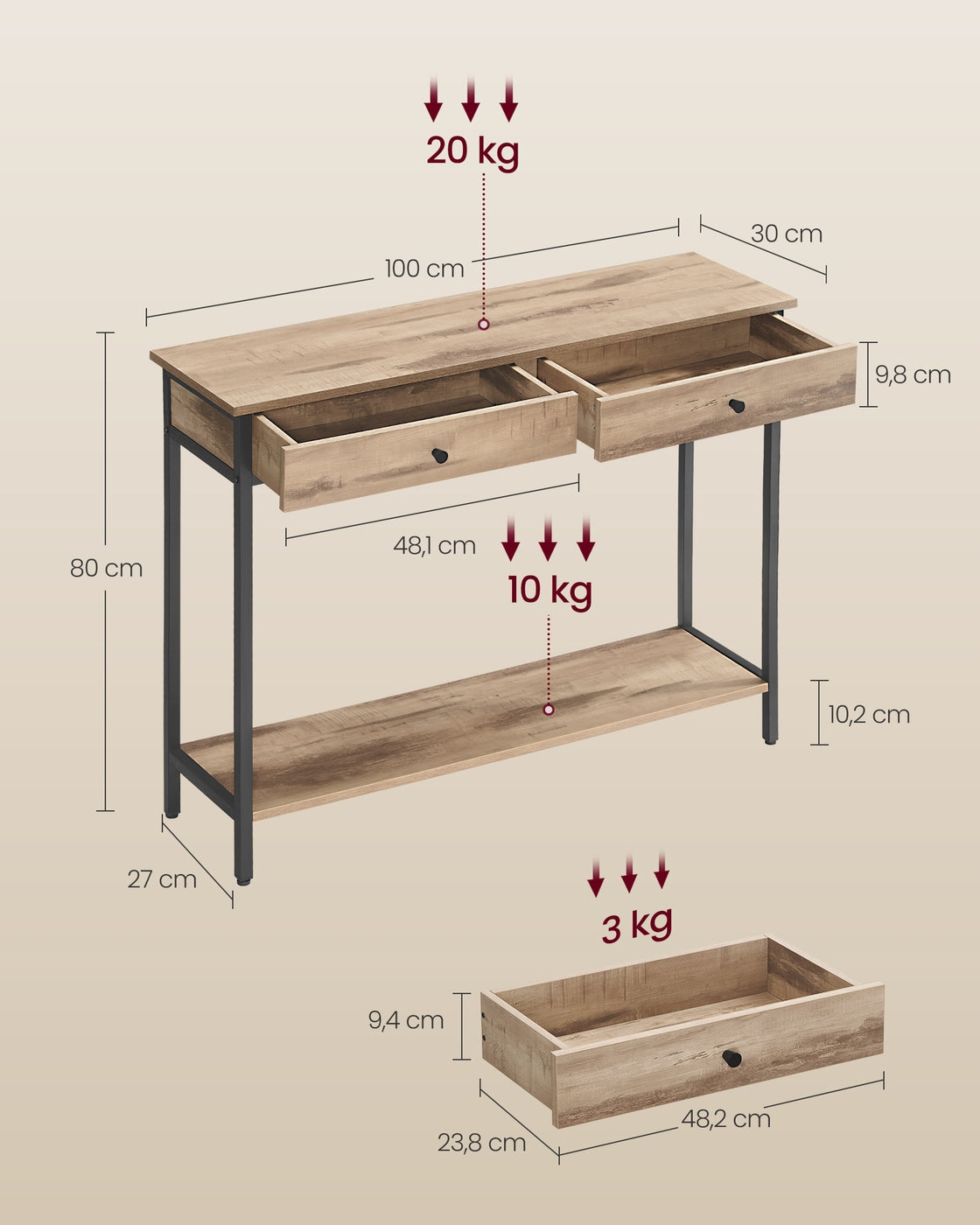 Consoletafel met 2 Lades en Stalen Frame, 100 cm