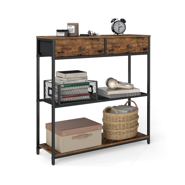 Smalle Consoletafel met 2 Stoffen Lades en 2 Planken, 76 cm
