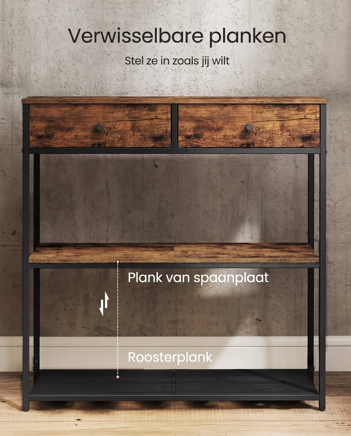 Smalle Consoletafel met 2 Stoffen Lades en 2 Planken, 76 cm