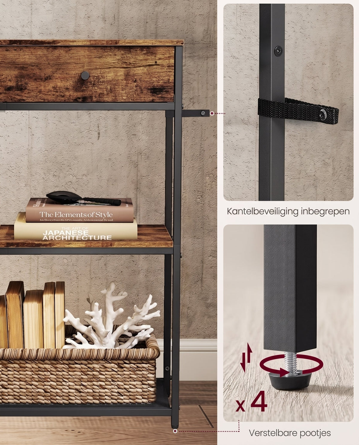 Smalle Consoletafel met 2 Stoffen Lades en 2 Planken, 76 cm