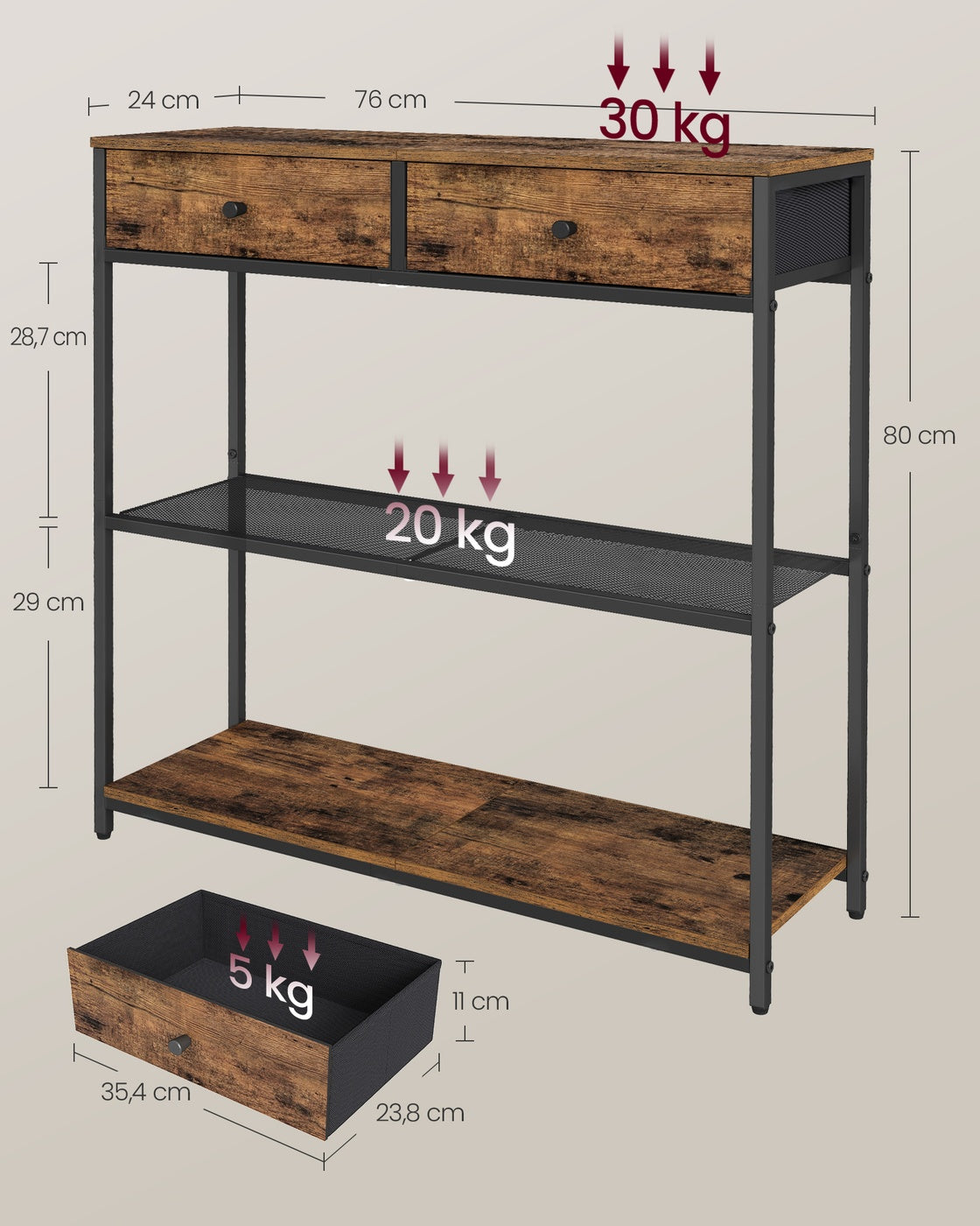 Smalle Consoletafel met 2 Stoffen Lades en 2 Planken, 76 cm