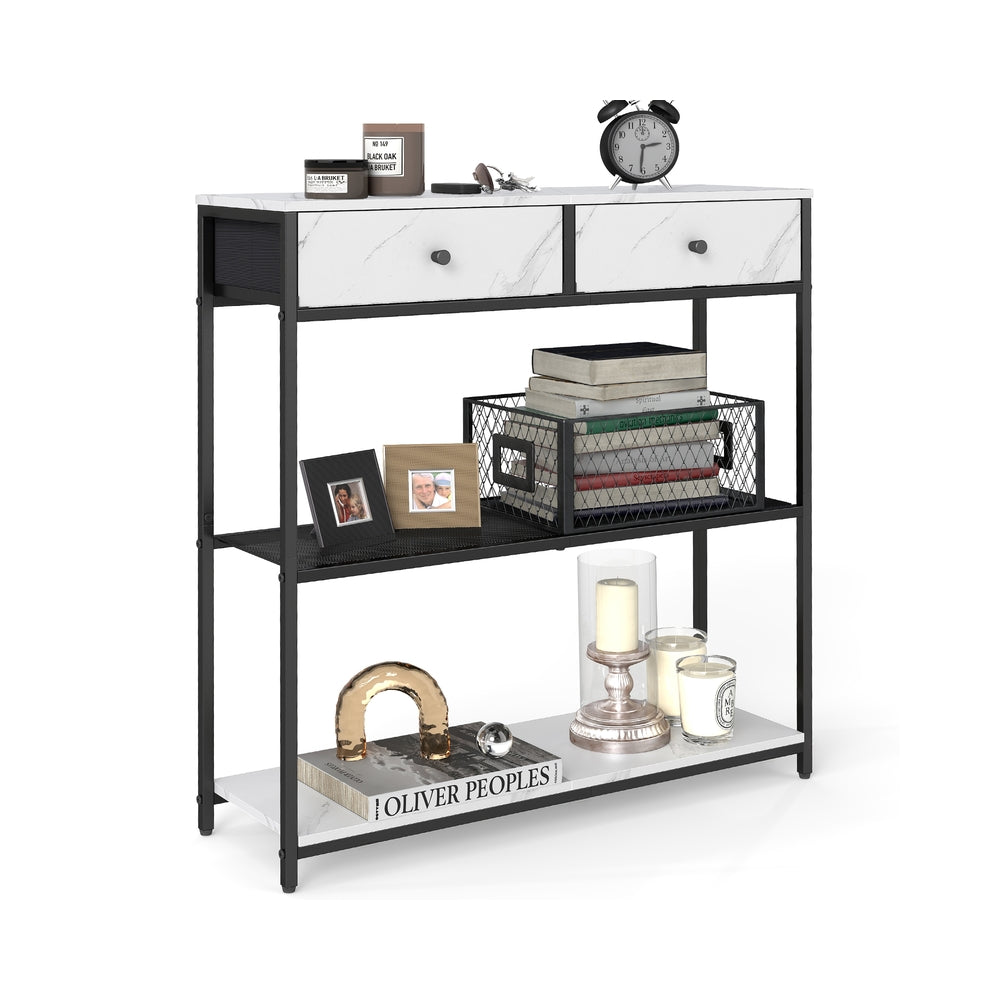 Smalle Consoletafel met 2 Stoffen Lades en 2 Planken, 76 cm