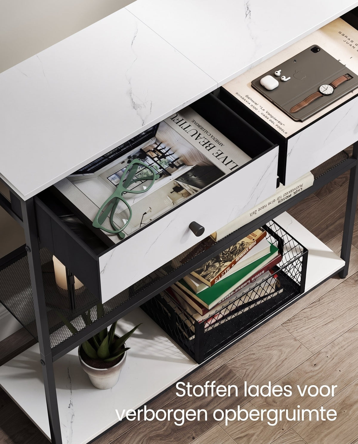 Smalle Consoletafel met 2 Stoffen Lades en 2 Planken, 76 cm