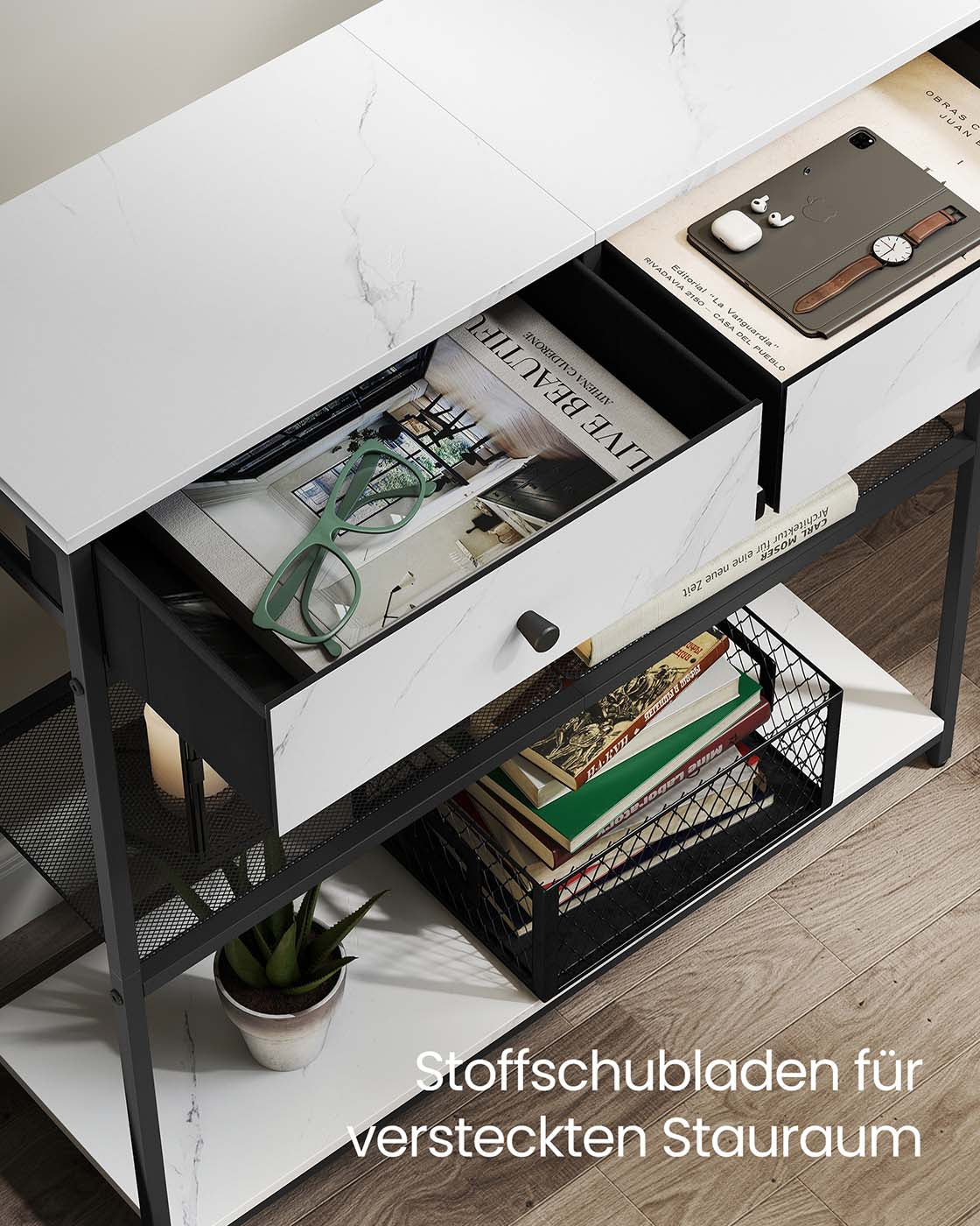 Smalle Consoletafel met 2 Stoffen Lades en 2 Planken, 76 cm