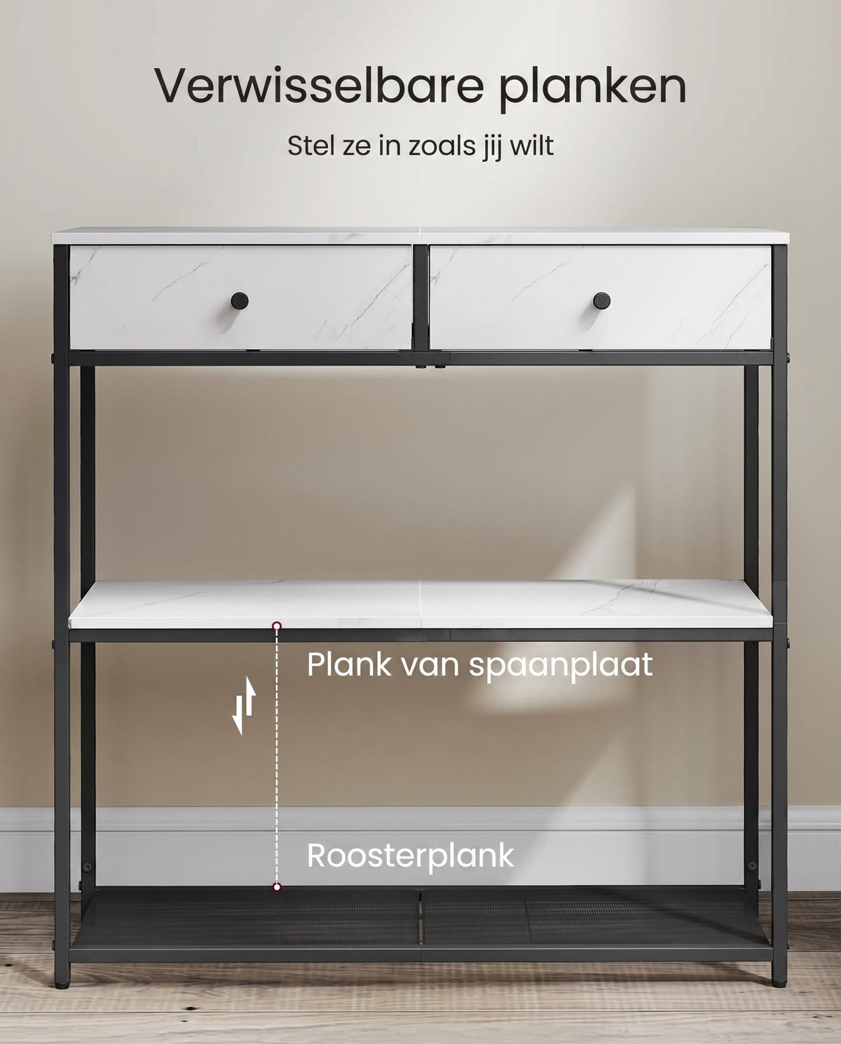Smalle Consoletafel met 2 Stoffen Lades en 2 Planken, 76 cm
