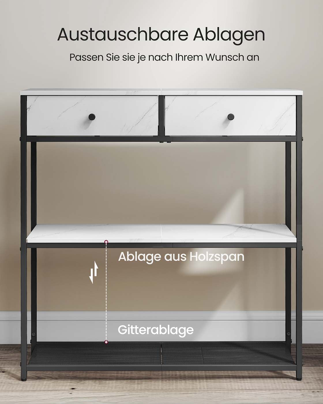Smalle Consoletafel met 2 Stoffen Lades en 2 Planken, 76 cm