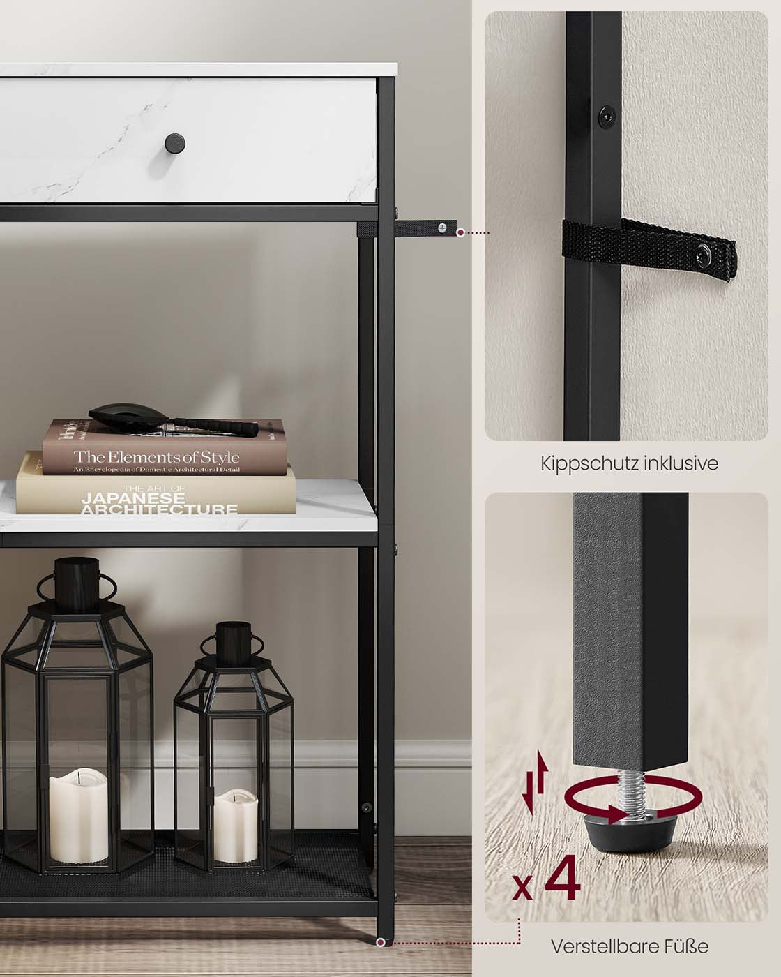 Smalle Consoletafel met 2 Stoffen Lades en 2 Planken, 76 cm