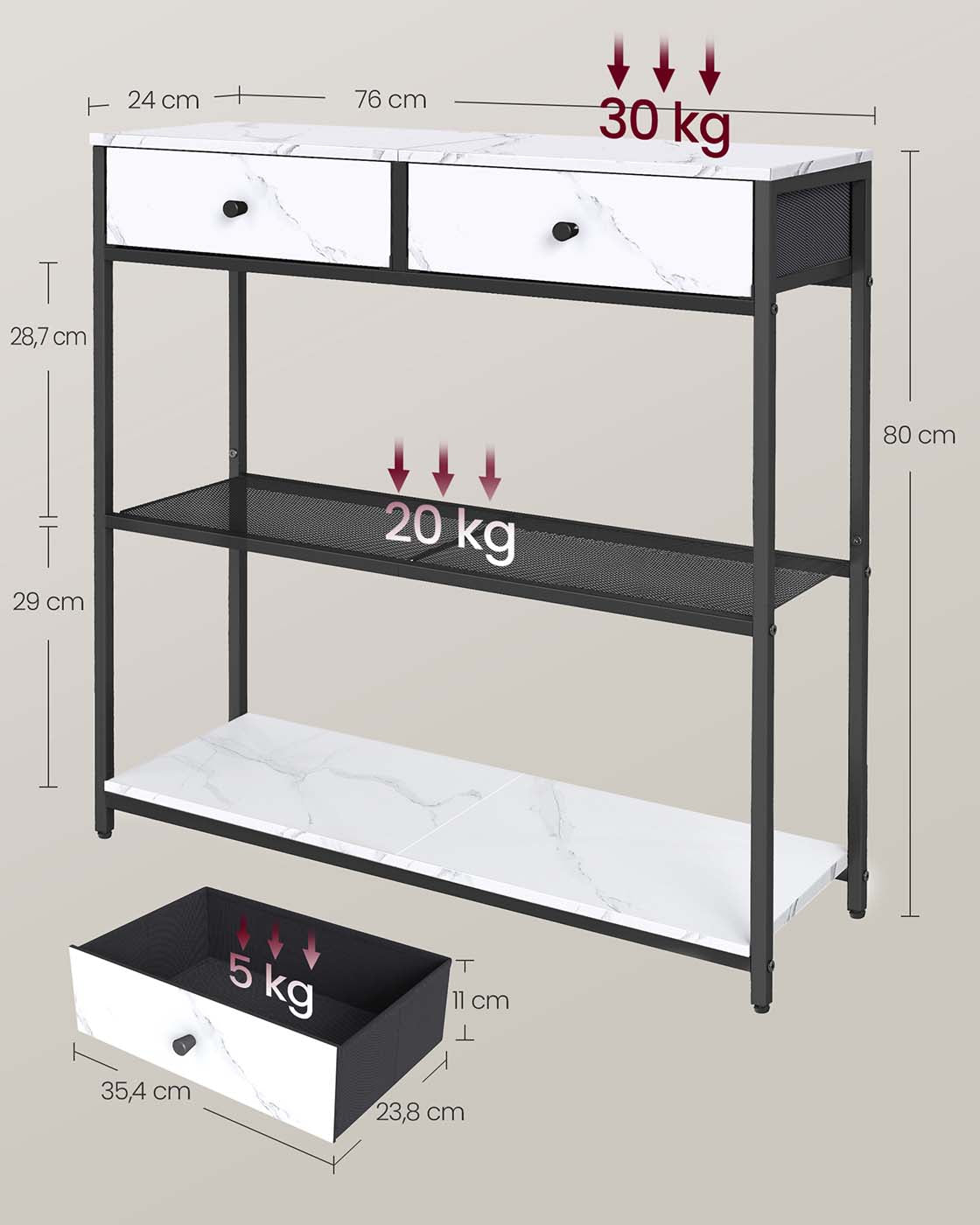 Smalle Consoletafel met 2 Stoffen Lades en 2 Planken, 76 cm
