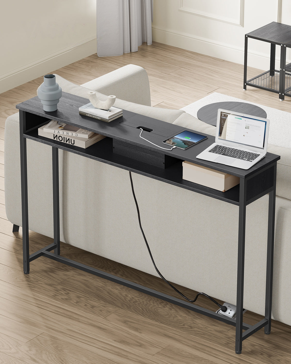 Smalle Consoletafel met Stopcontact, 2 USB-poorten en 2 Vakken, 120 cm