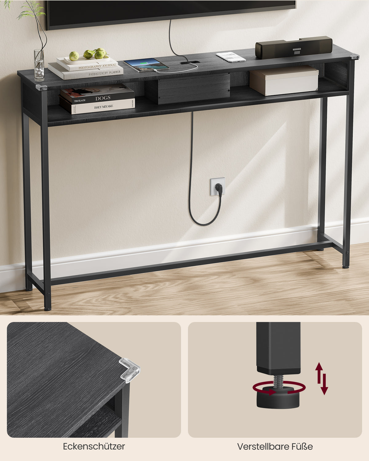 Smalle Consoletafel met Stopcontact, 2 USB-poorten en 2 Vakken, 120 cm