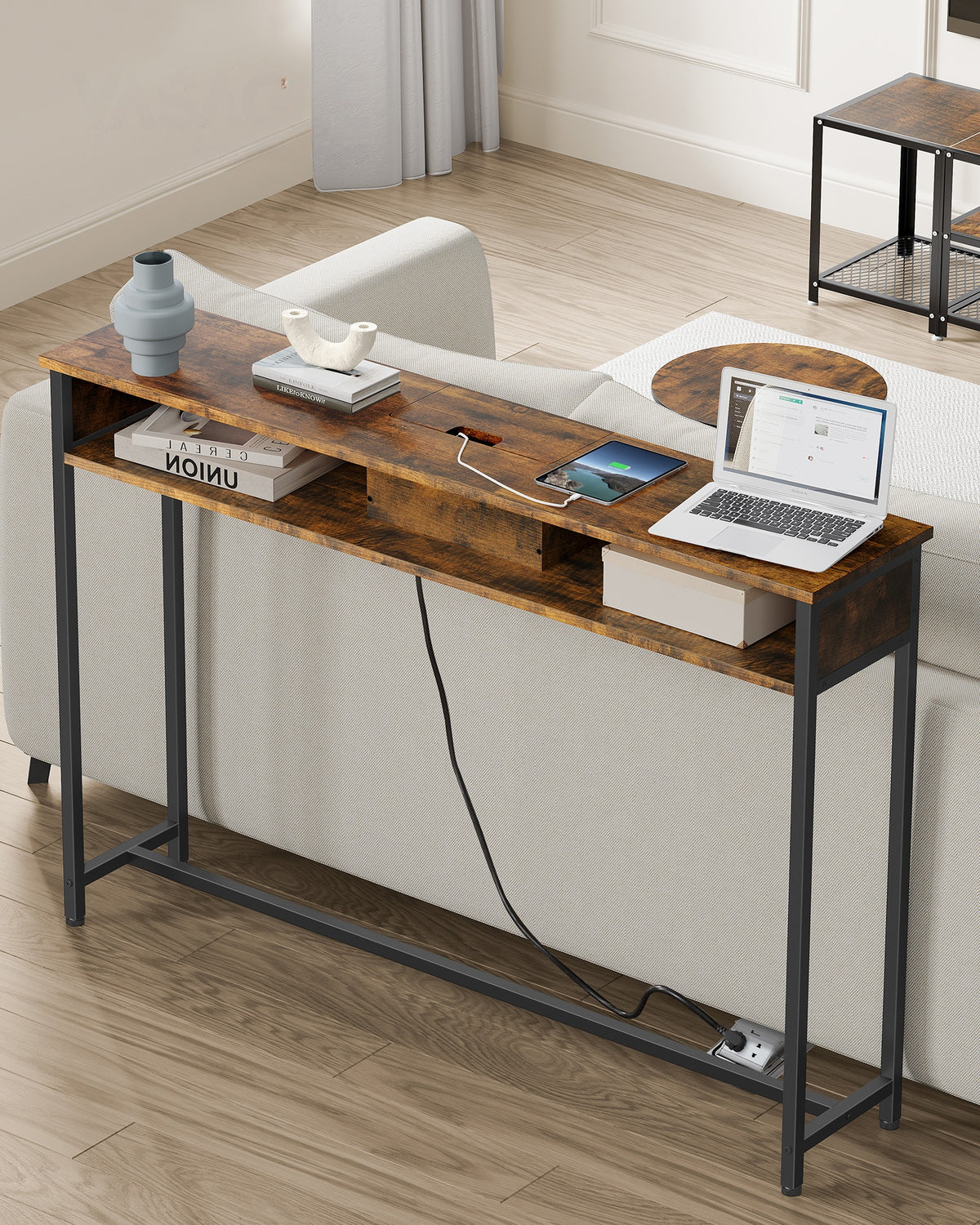 Smalle Consoletafel met Stopcontact, 2 USB-poorten en 2 Vakken, 120 cm