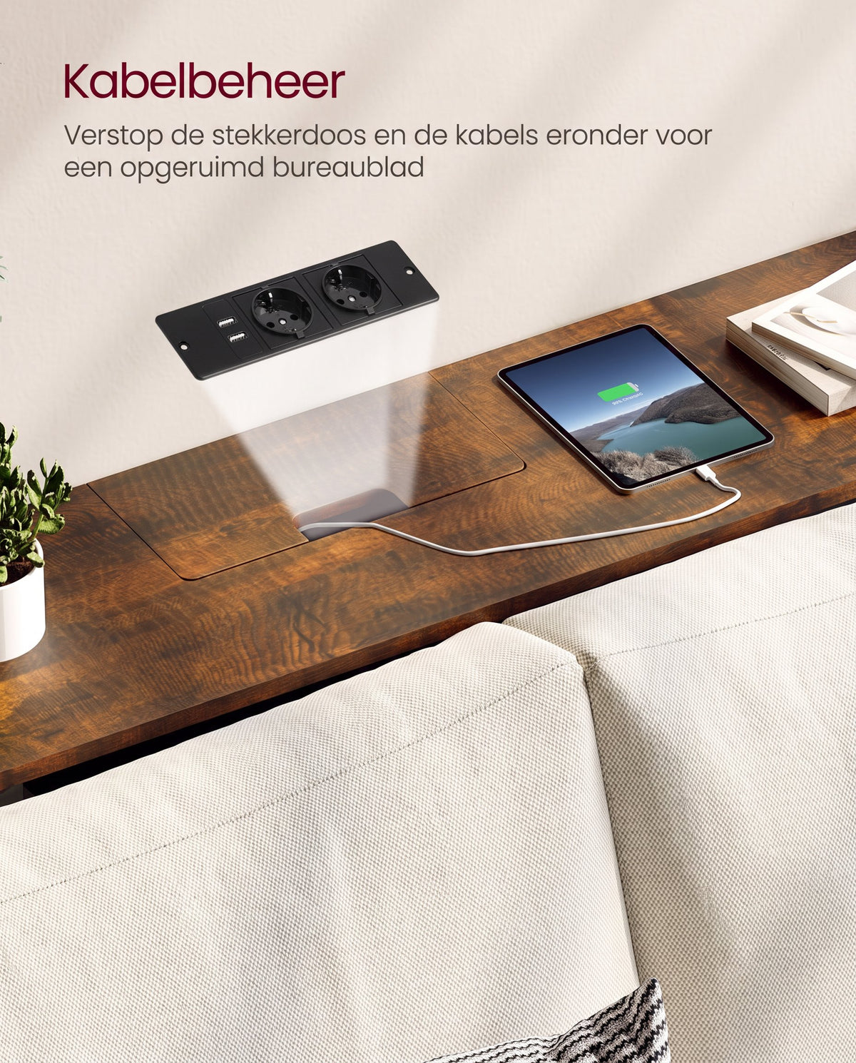 Smalle Consoletafel met Stopcontact, 2 USB-poorten en 2 Vakken, 120 cm