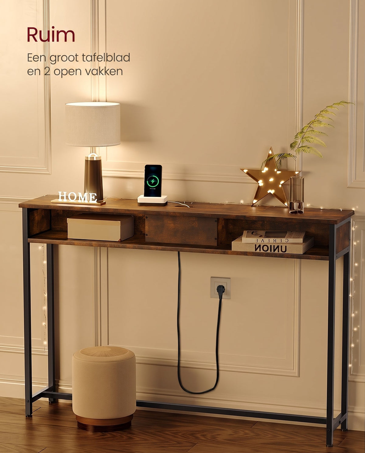 Smalle Consoletafel met Stopcontact, 2 USB-poorten en 2 Vakken, 120 cm