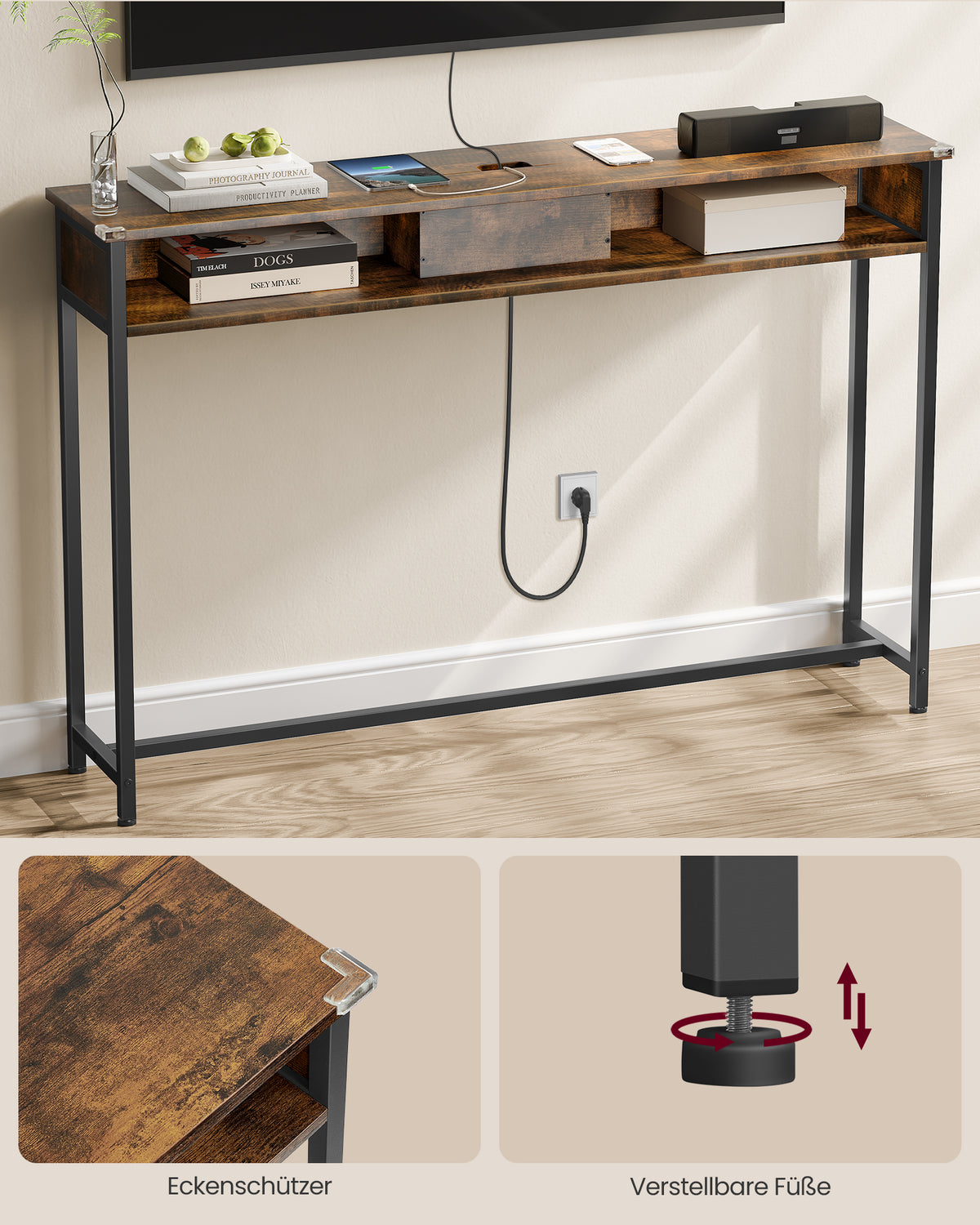Smalle Consoletafel met Stopcontact, 2 USB-poorten en 2 Vakken, 120 cm