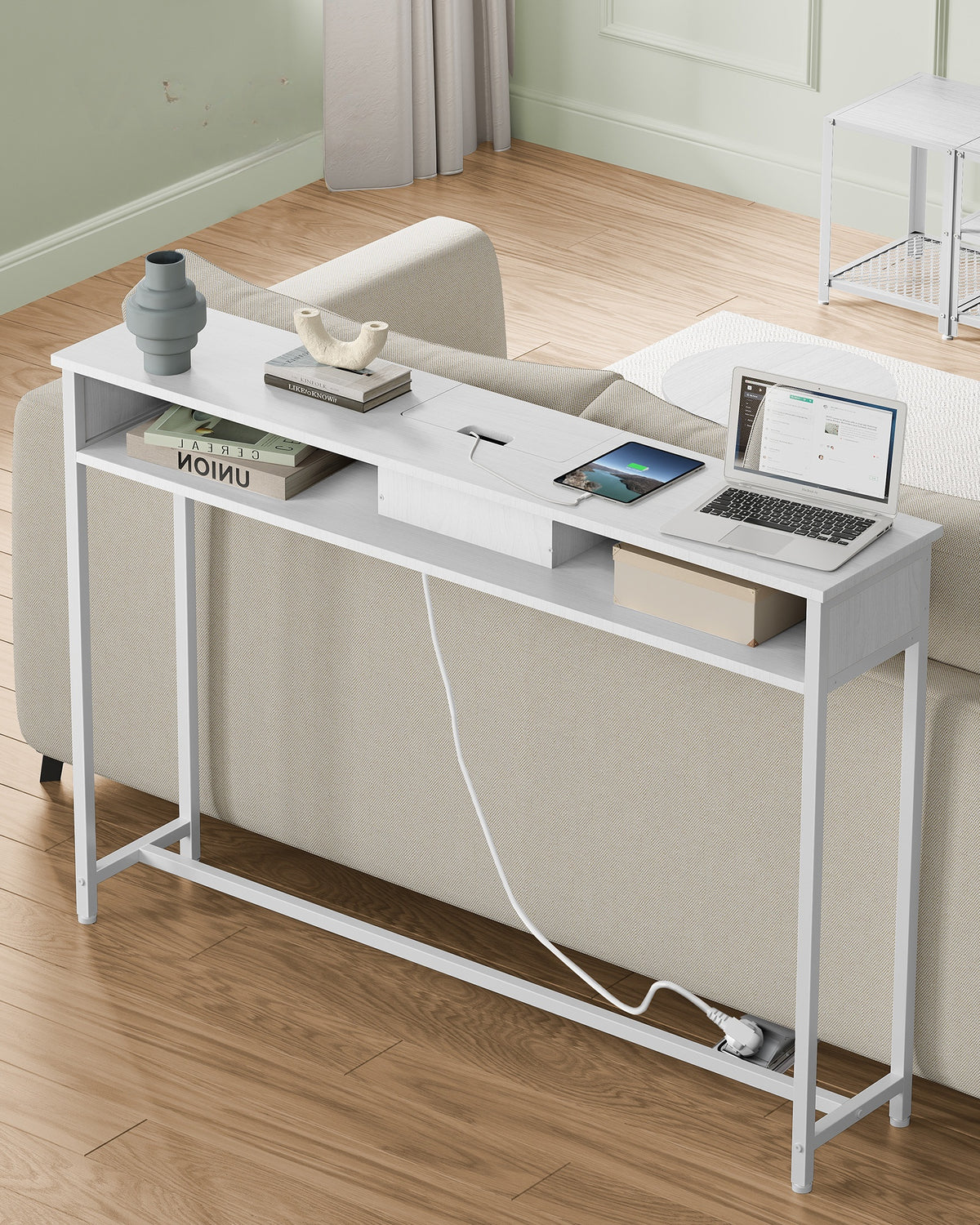 Smalle Consoletafel met Stopcontact, 2 USB-poorten en 2 Vakken, 120 cm