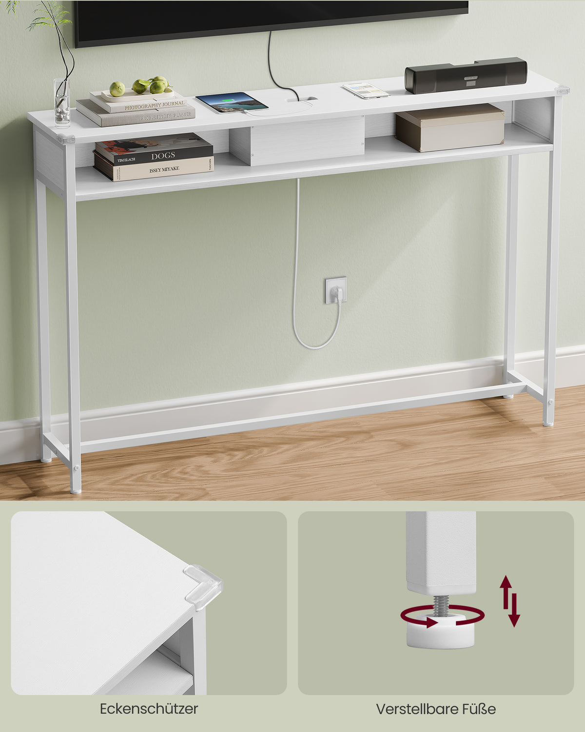 Smalle Consoletafel met Stopcontact, 2 USB-poorten en 2 Vakken, 120 cm