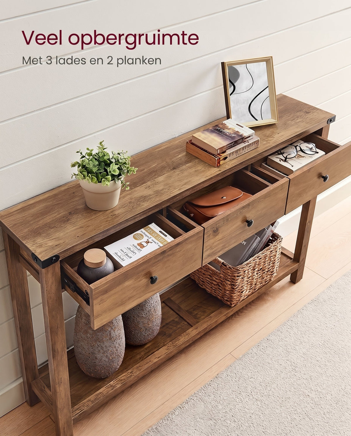 Smalle Haltafel met 3 Lades en Open Plank, 120 cm