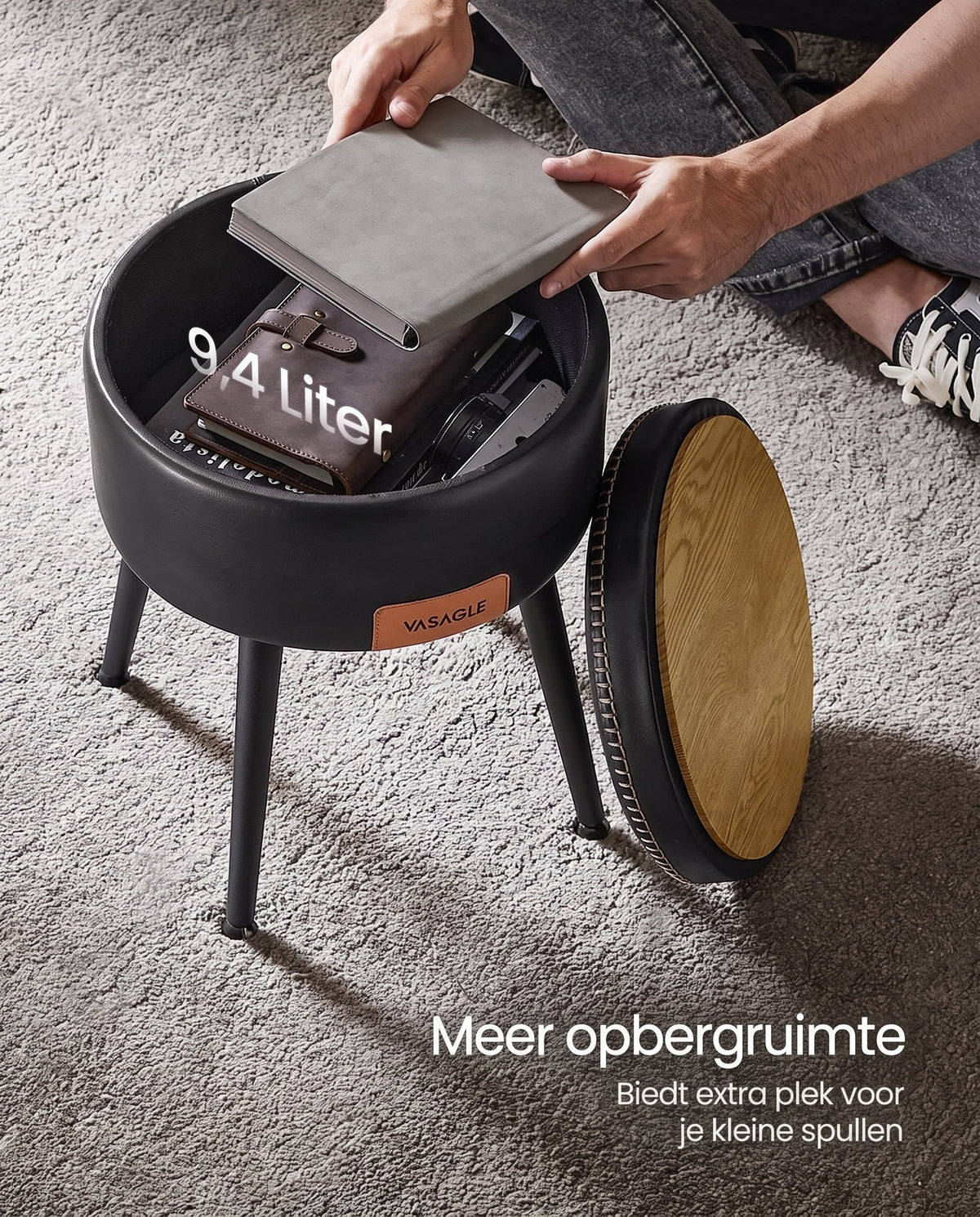 Ronde Kruk met Opbergruimte en Kunstleren Zitting, 38 x 44 cm