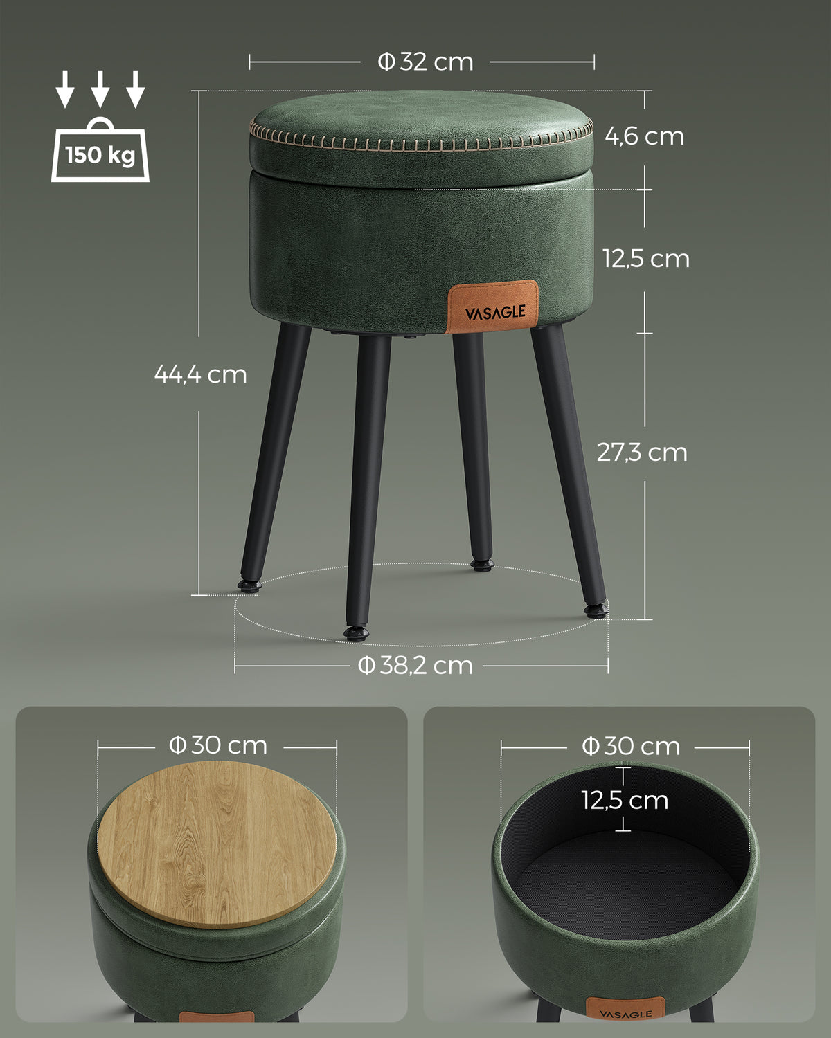 Ronde Kruk met Opbergruimte en Kunstleren Zitting, 38 x 44 cm