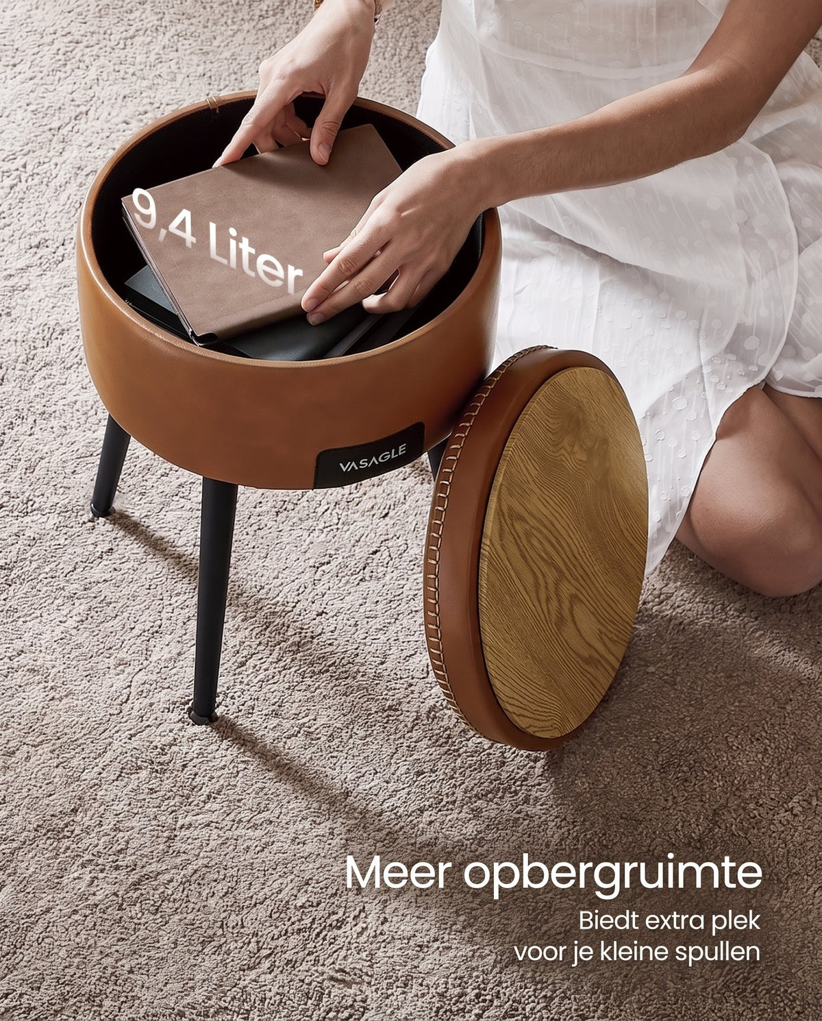 Ronde Kruk met Opbergruimte en Kunstleren Zitting, 38 x 44 cm