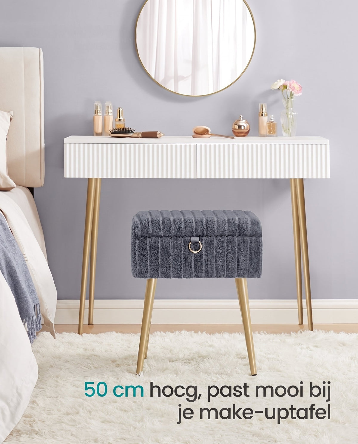 Make-upkruk met Opbergruimte en Gewatteerde Zitting, 30 x 40 x 50 cm