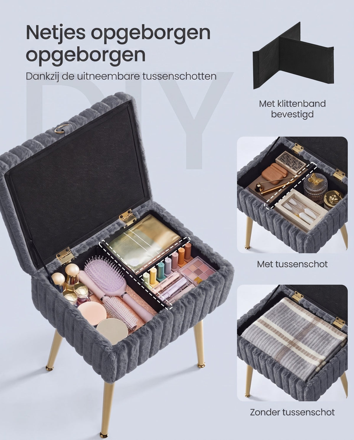 Make-upkruk met Opbergruimte en Gewatteerde Zitting, 30 x 40 x 50 cm