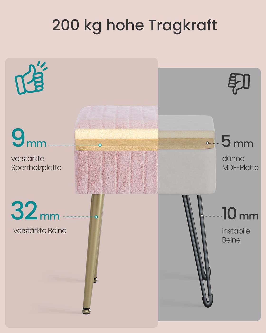 Make-upkruk met Opbergruimte en Gewatteerde Zitting, 30 x 40 x 50 cm