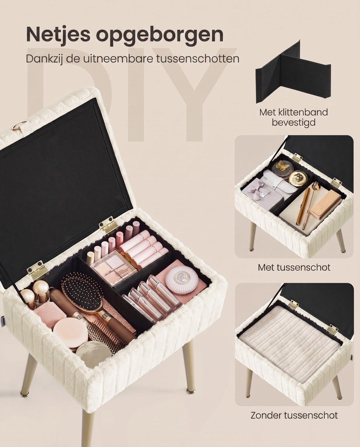 Make-upkruk met Opbergruimte en Gewatteerde Zitting, 30 x 40 x 50 cm