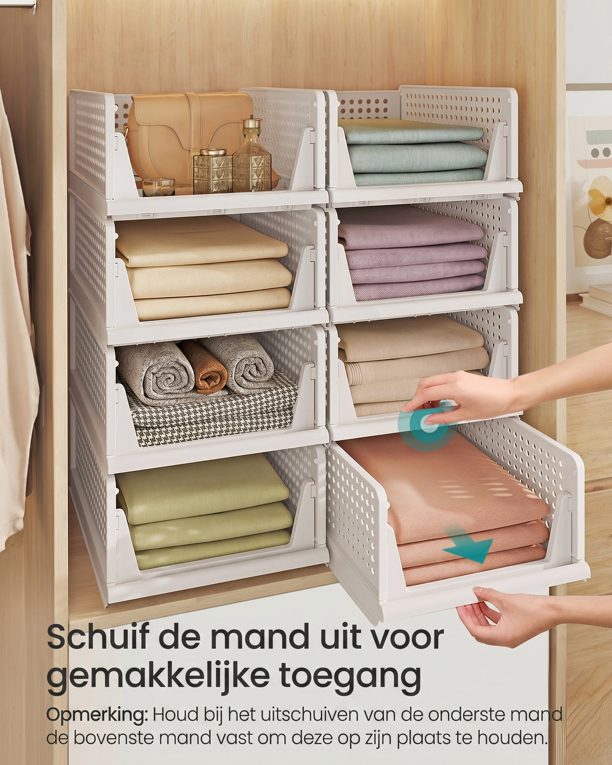 Stapelbare Opbergmanden Set van 8, Opvouwbaar, 33 x 43 x 18,5 cm