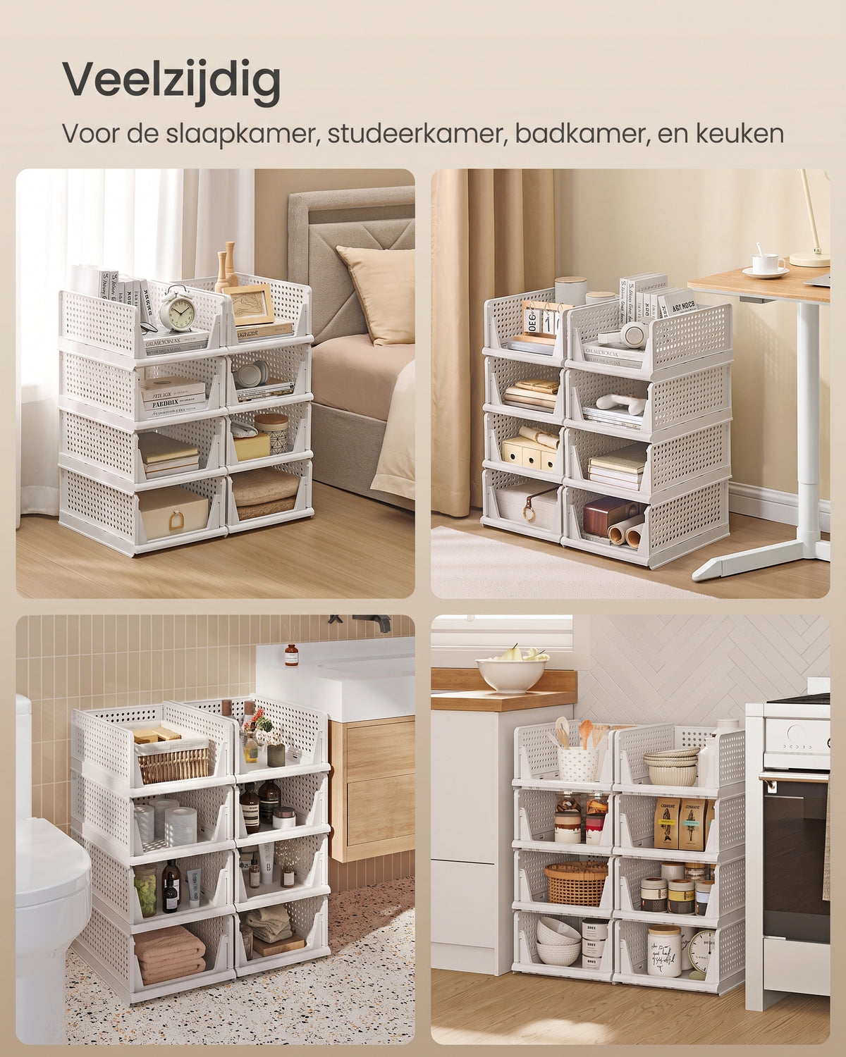 Stapelbare Opbergmanden Set van 8, Opvouwbaar, 33 x 43 x 18,5 cm