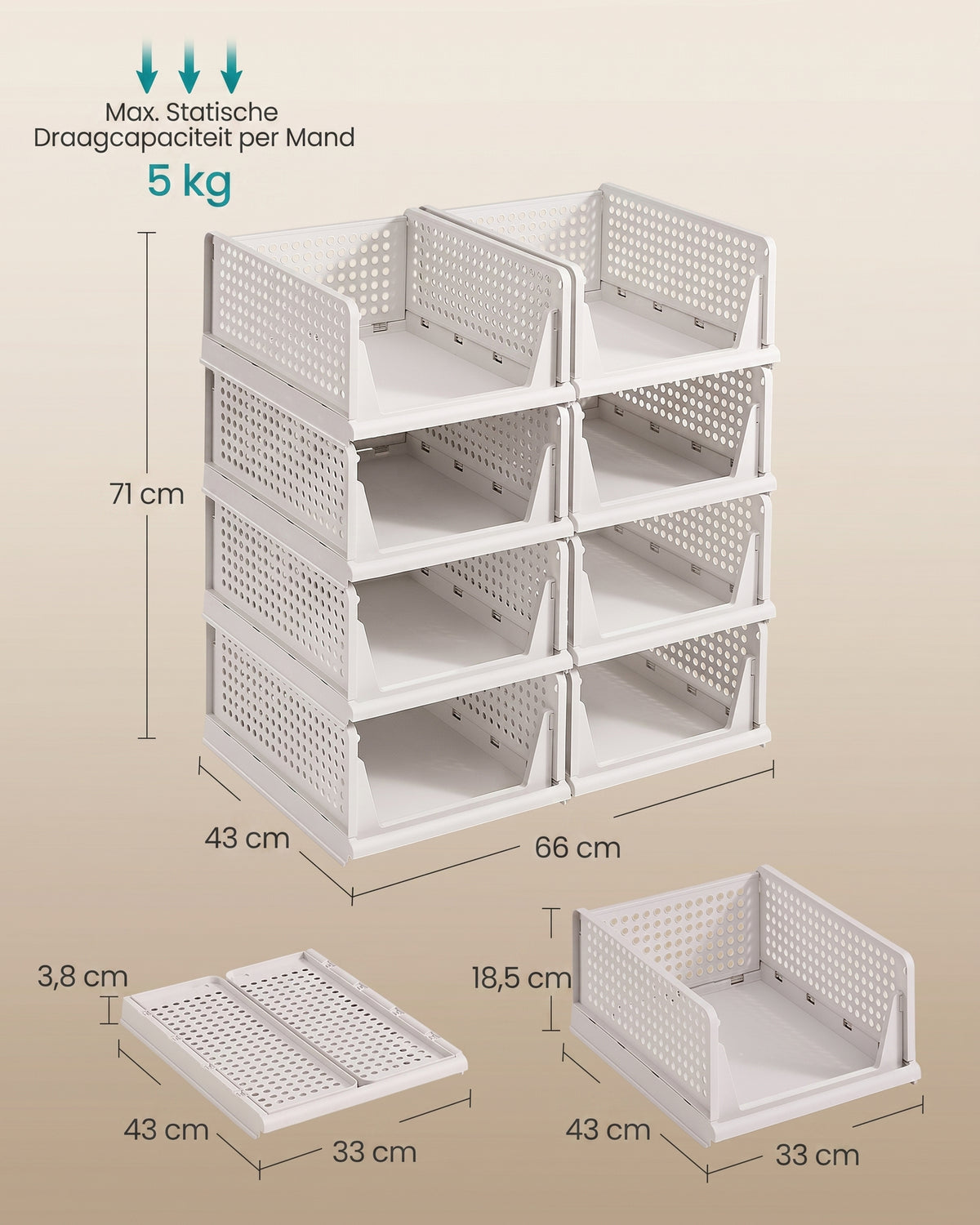 Stapelbare Opbergmanden Set van 8, Opvouwbaar, 33 x 43 x 18,5 cm