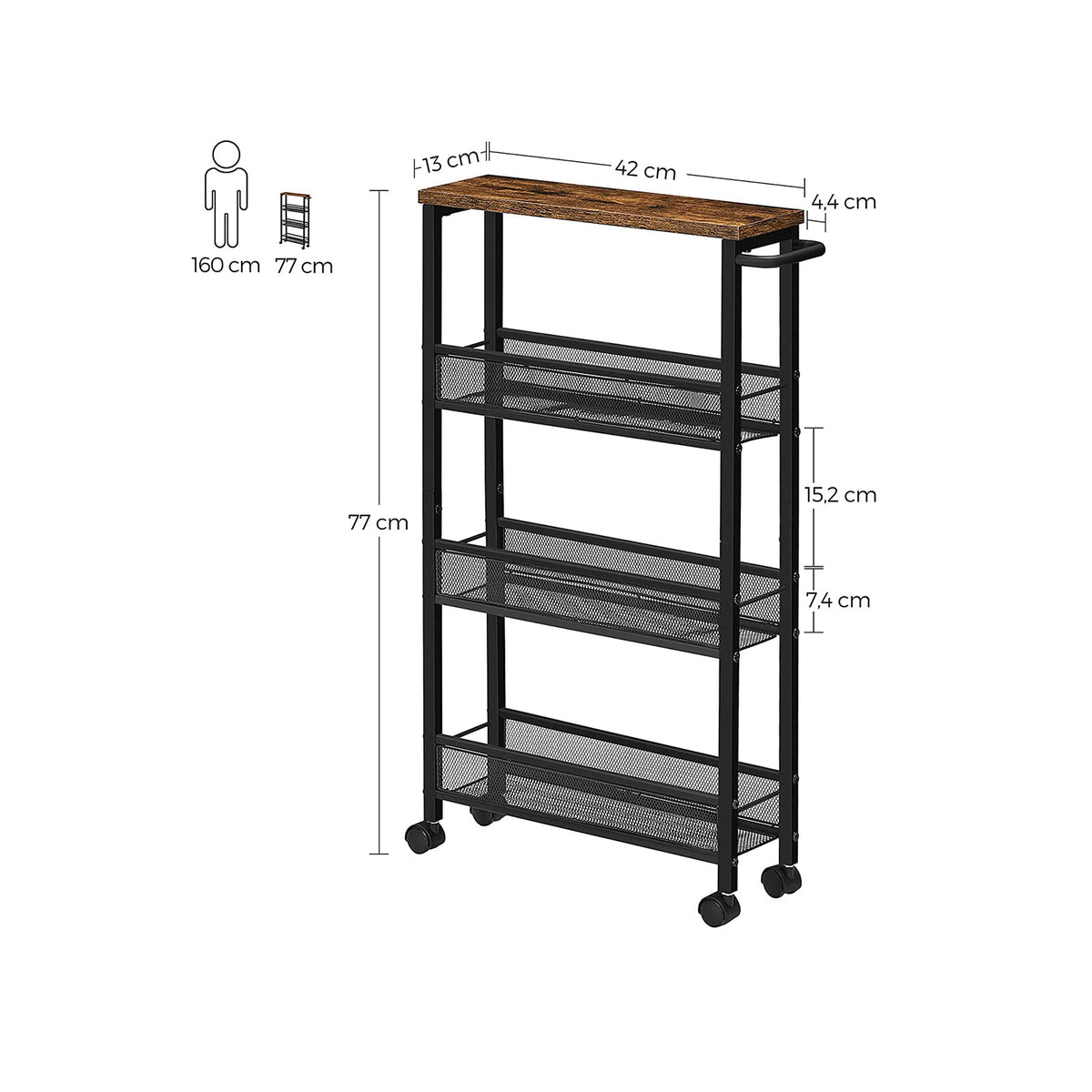 Extra Smalle Keukentrolley met 4 Niveaus, 13 x 45,4 x 77 cm