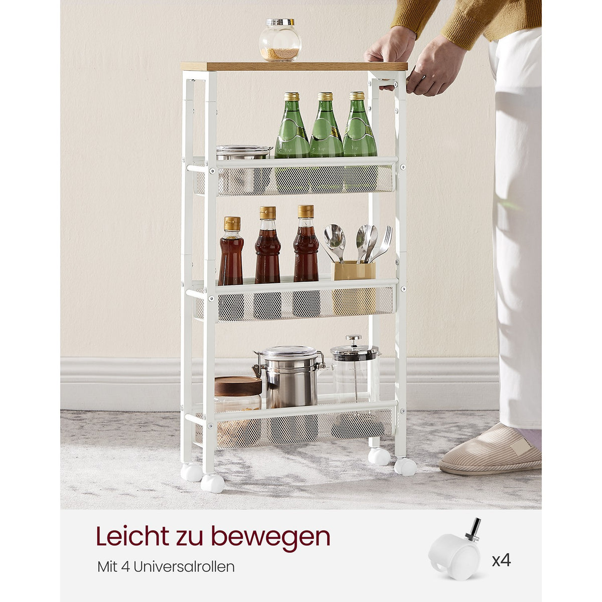 Extra Smalle Keukentrolley met 4 Niveaus, 13 x 45,4 x 77 cm