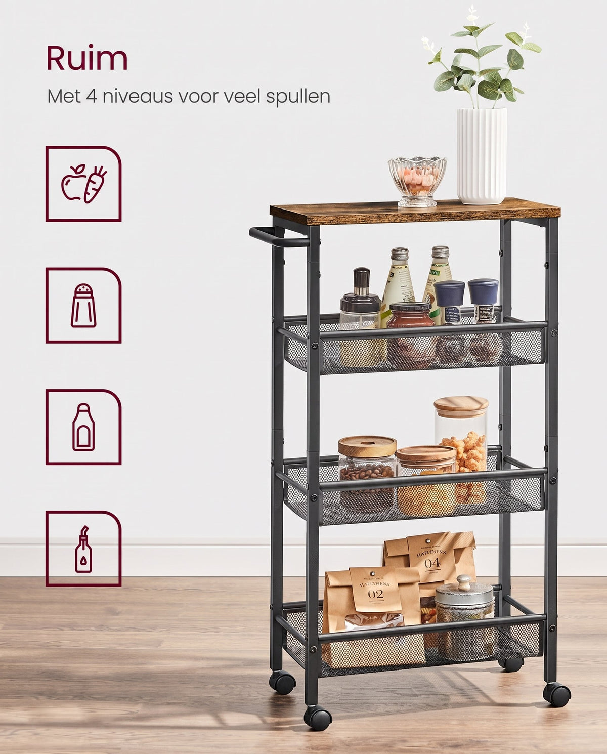 Smalle Keukentrolley met 4 Niveaus en Draadmanden, 22 x 45,5 x 77 cm