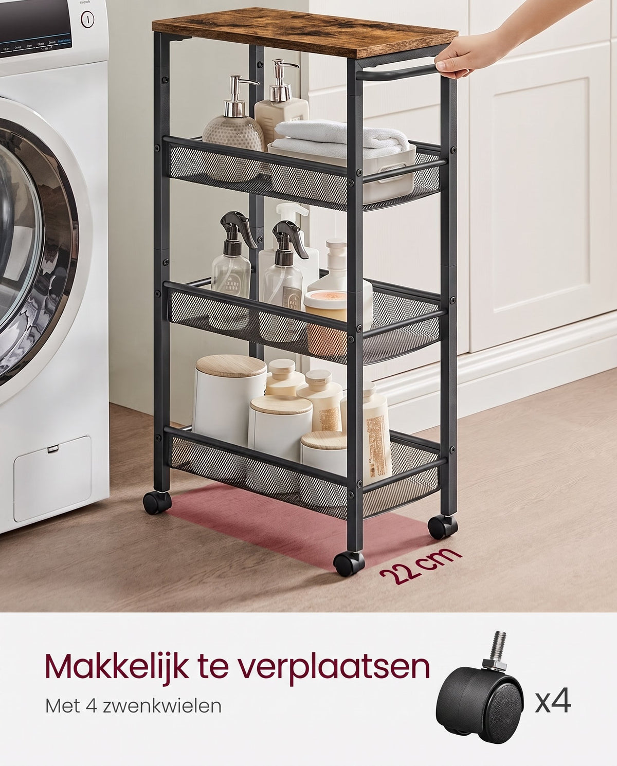 Smalle Keukentrolley met 4 Niveaus en Draadmanden, 22 x 45,5 x 77 cm