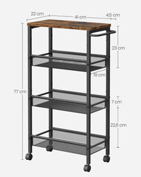 Smalle Keukentrolley met 4 Niveaus en Draadmanden, 22 x 45,5 x 77 cm