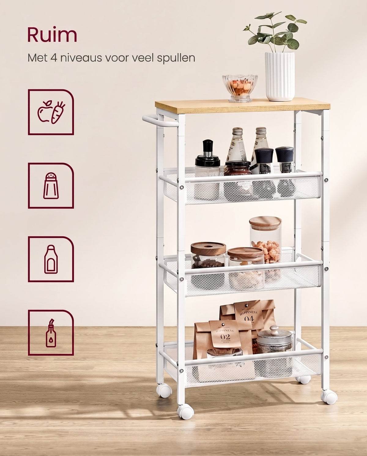 Smalle Keukentrolley met 4 Niveaus en Draadmanden, 22 x 45,5 x 77 cm