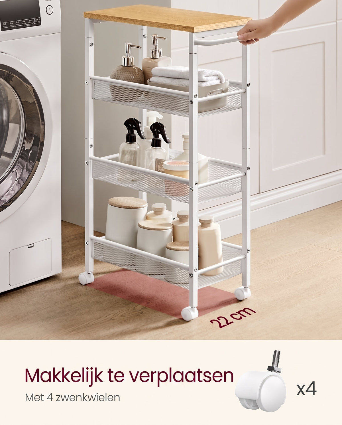 Smalle Keukentrolley met 4 Niveaus en Draadmanden, 22 x 45,5 x 77 cm
