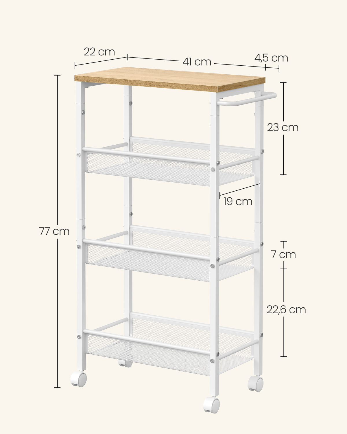Smalle Keukentrolley met 4 Niveaus en Draadmanden, 22 x 45,5 x 77 cm