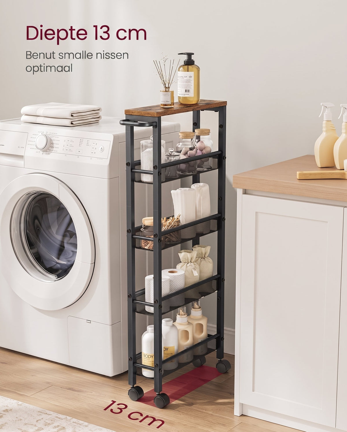 Extra Smalle Keukentrolley met 5 Niveaus en Stalen Handgreep, 13 x 45,4 x 99,6 cm
