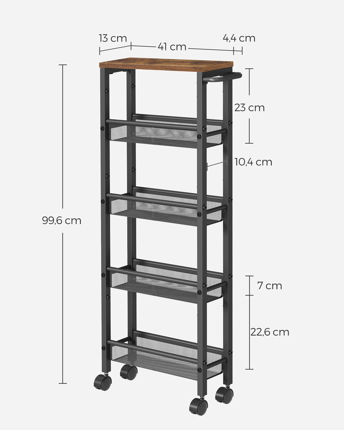 Extra Smalle Keukentrolley met 5 Niveaus en Stalen Handgreep, 13 x 45,4 x 99,6 cm