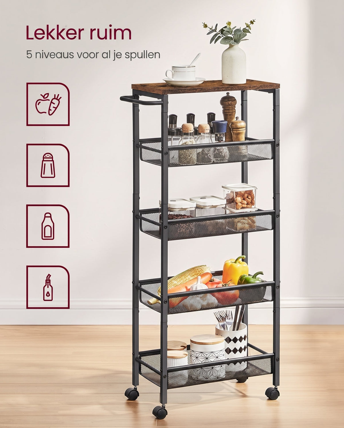 Smalle Keukentrolley met 5 Niveaus op Wielen, 22 x 45,4 x 99,6 cm