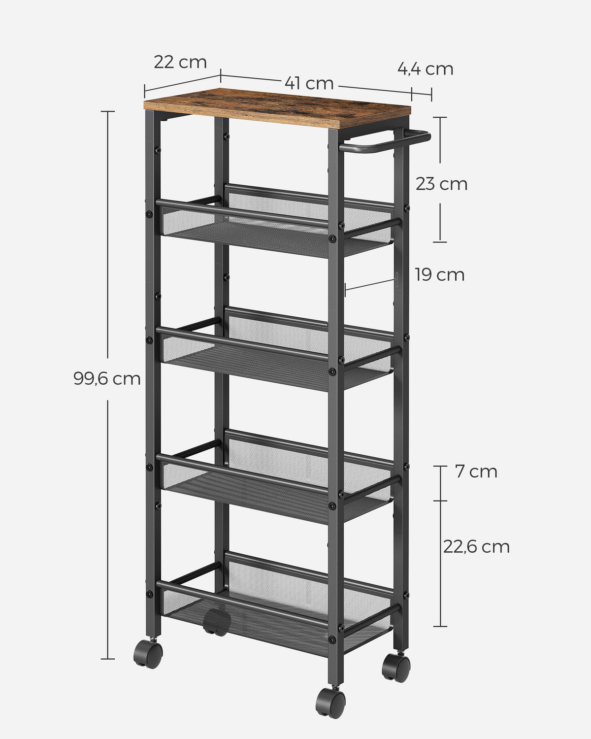 Smalle Keukentrolley met 5 Niveaus op Wielen, 22 x 45,4 x 99,6 cm
