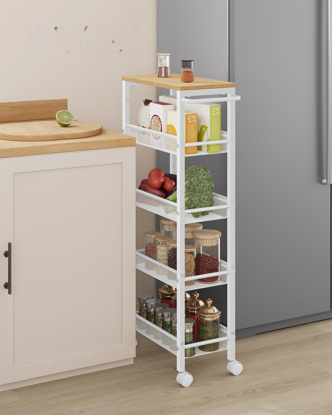 Smalle Keukentrolley met 5 Niveaus op Wielen, 22 x 45,4 x 99,6 cm