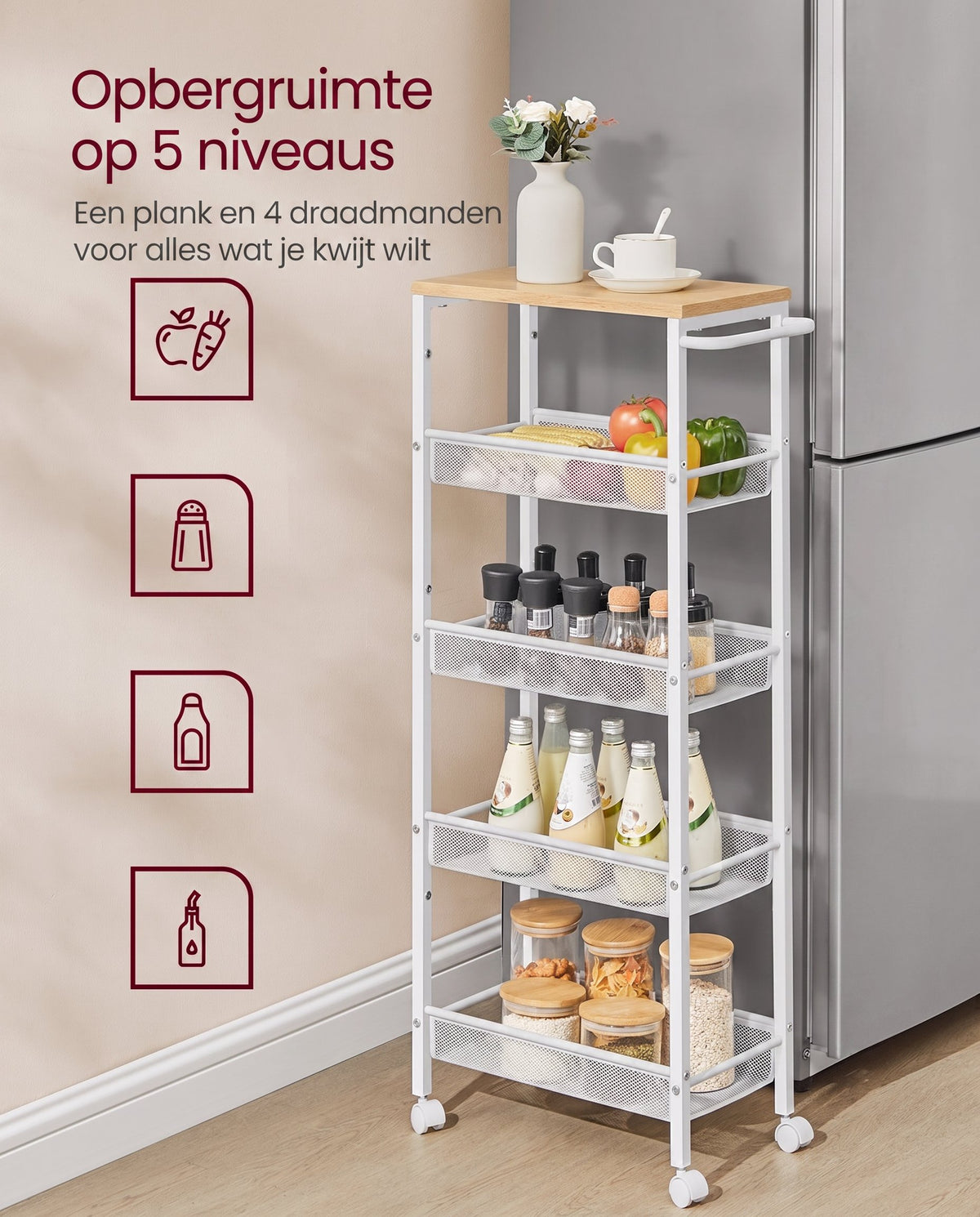 Smalle Keukentrolley met 5 Niveaus op Wielen, 22 x 45,4 x 99,6 cm
