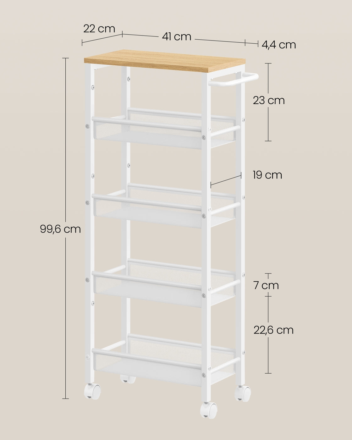Smalle Keukentrolley met 5 Niveaus op Wielen, 22 x 45,4 x 99,6 cm