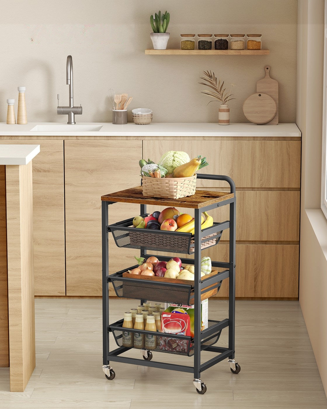 Serveerwagen op Wielen met Uittrekbare Manden en Handgreep, 31,7 x 40 x 76 cm