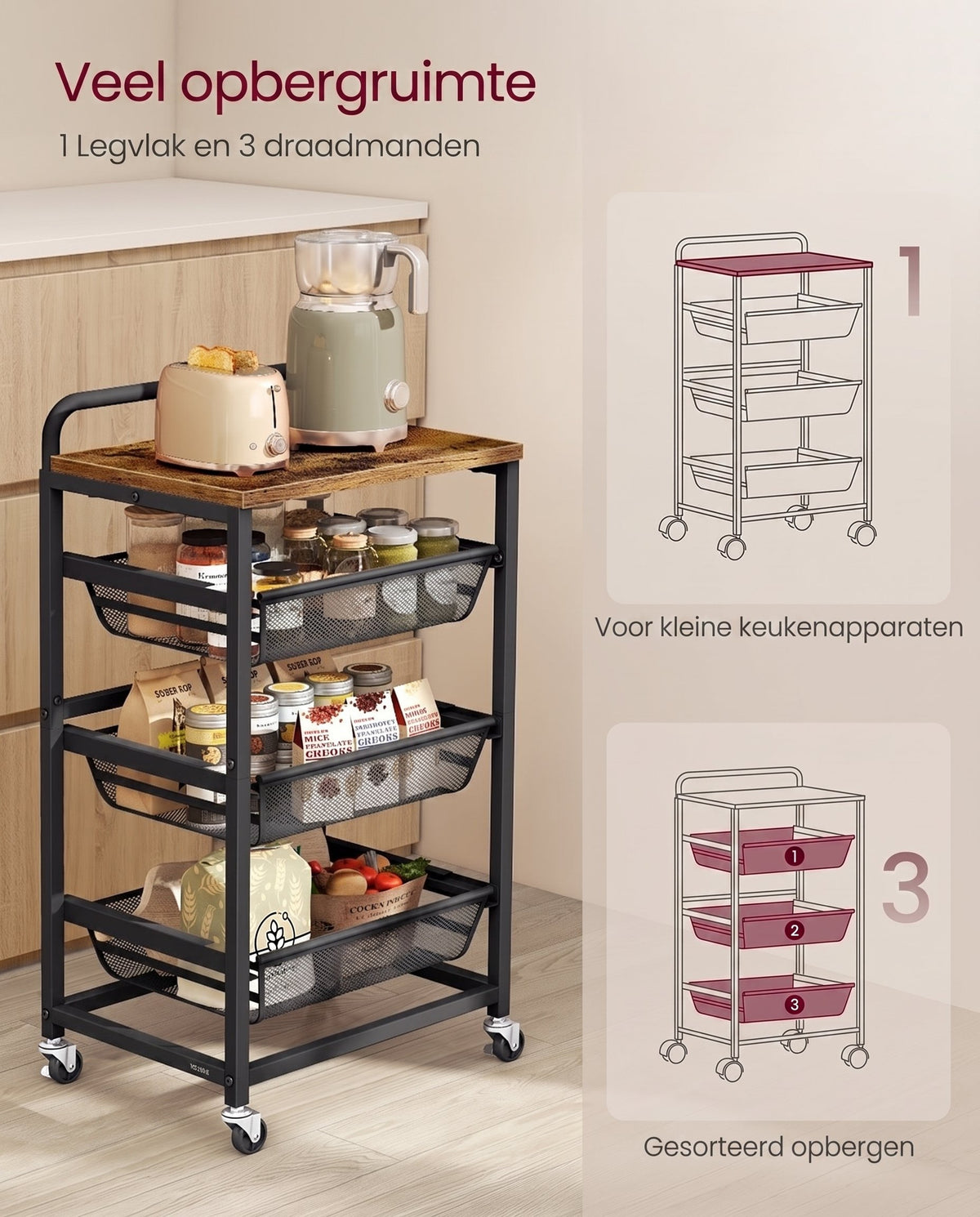 Serveerwagen op Wielen met Uittrekbare Manden en Handgreep, 31,7 x 40 x 76 cm