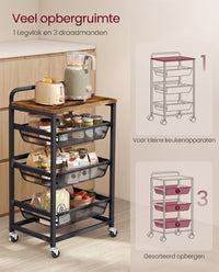 Serveerwagen op Wielen met Uittrekbare Manden en Handgreep, 31,7 x 40 x 76 cm
