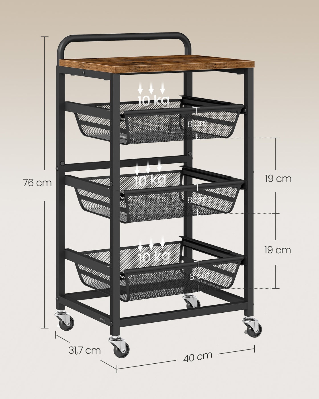 Serveerwagen op Wielen met Uittrekbare Manden en Handgreep, 31,7 x 40 x 76 cm